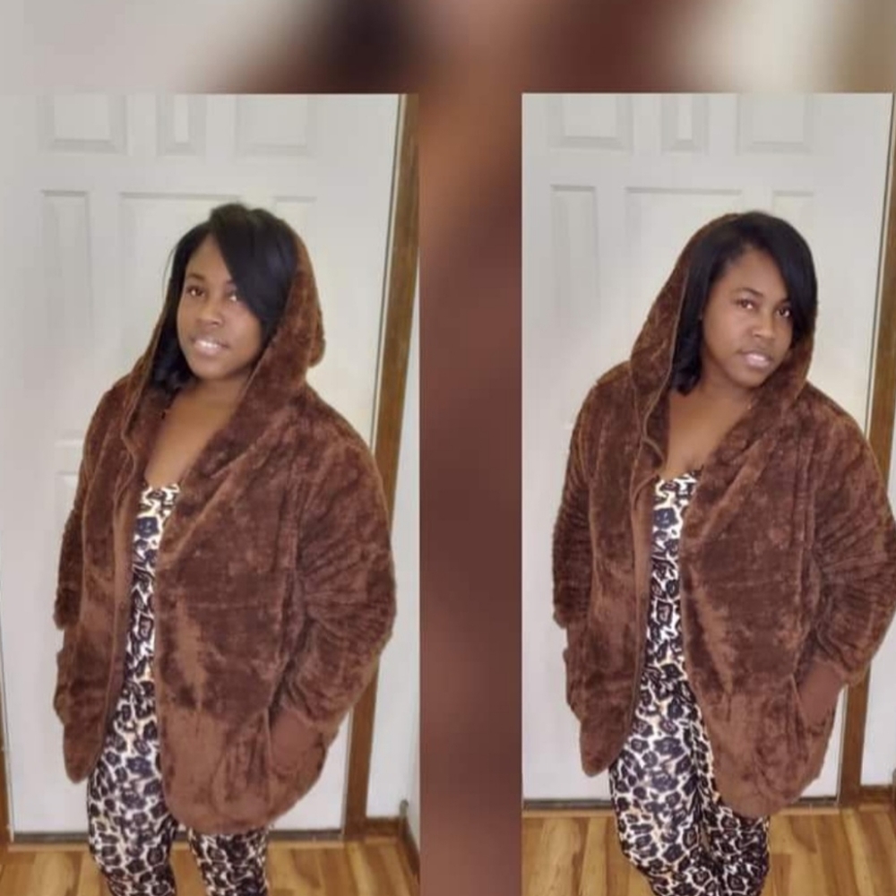 Women Faux Fur Cardigan Jacket w/ Hood